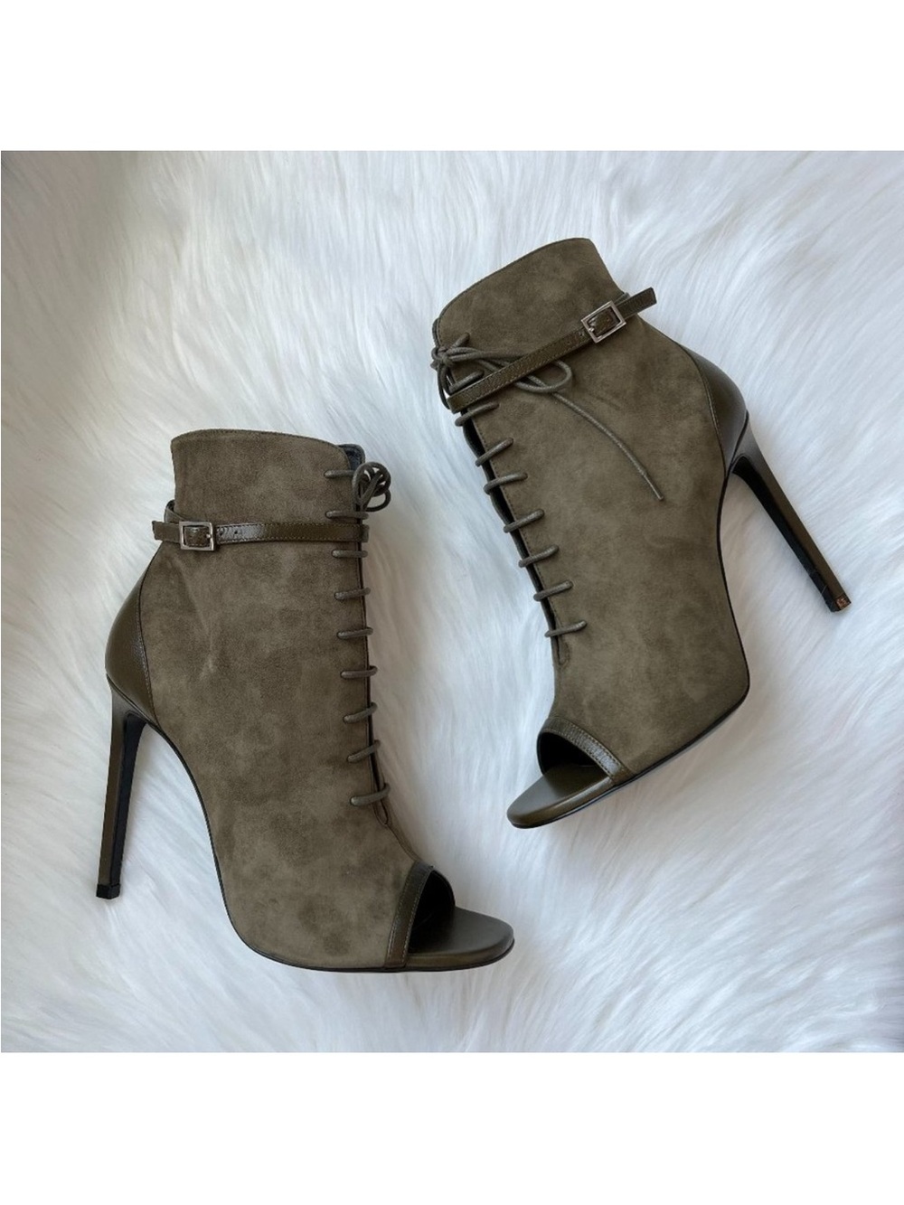 Saint Laurent Paris Suede Lace Up Peep Toe Booties 38